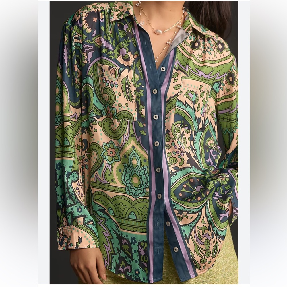 Anthropologie Camila Floral Paisley Long Sleeve Button Blouse Green Purple-Small